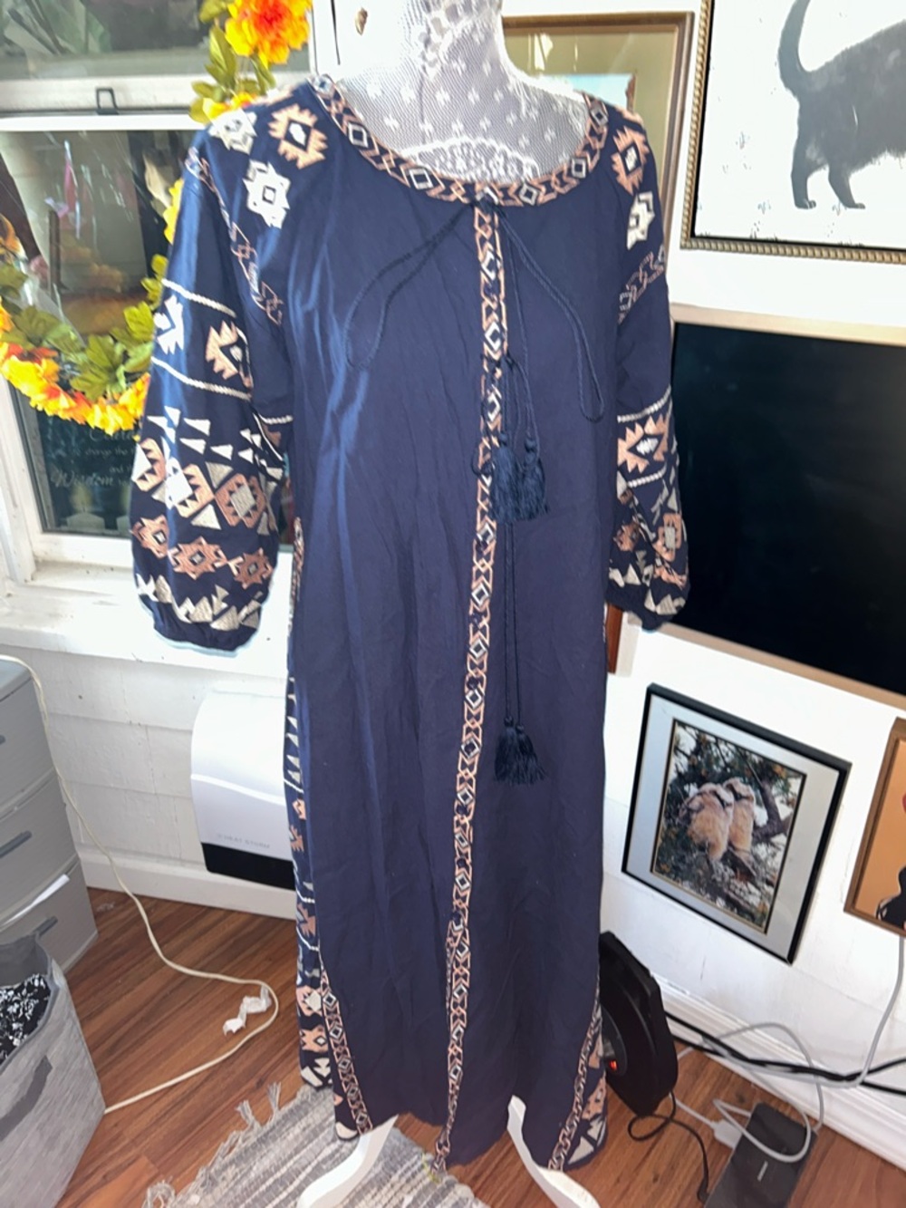 Velzera Navy Embroidered Boho Maxi Dress with Tassel Tie